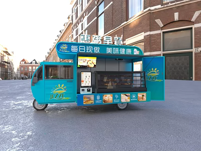 Blue Mobile Food Truck On Urban Street With Daily Made Delicious Food 3d model