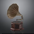 Vintage Gramophone Design With Brass Horn Wooden Base And Turntable