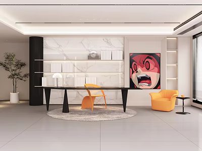 Modern Office Interior Design With Marble Wall Bookshelves Black Desk Yellow Chairs And Red Painting 3d model