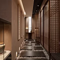 Traditional Chinese Teahouse Interior With Wooden Table Lattice Screens Green Plants And Hanging Scrolls