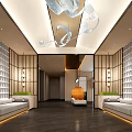 Modern Storefront Reception Counter With Marble Top Hanging Pendant Lights And Orange Sculpture
