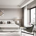 Modern Bedroom Interior With Light Colored Wardrobe Abstract Painting And Striped Wall