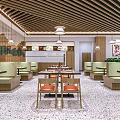 Modern Hong Kong Style Restaurant Interior With Display Counter Beverages Green Plants And Wooden Ceiling