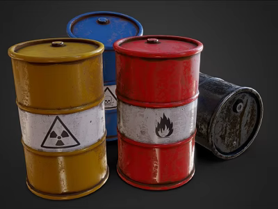 Industrial Equipment Featuring Yellow Red Blue Black Drums With Radioactive And Flame Symbols 3d model
