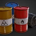 Industrial Equipment Featuring Yellow Red Blue Black Drums With Radioactive And Flame Symbols