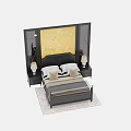 Double Bed with Yellow Floral Background Wall Black Headboard Pillows Nightstands Table Lamps and Rug