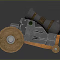 Vintage Medieval Cannon Cart Structure With Wooden Wheels And Metal Barrel