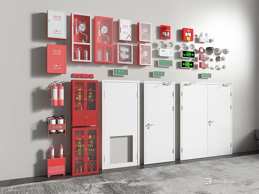 Wall Mounted Fire Equipment With Cabinets Extinguishers Alarms And Control Panels 3d model