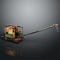 Old Rusty Crane Model With Green Yellow Paint Red Base Long Boom And Hook