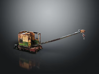 Old Rusty Crane Model With Green Yellow Paint Red Base Long Boom And Hook 3d model