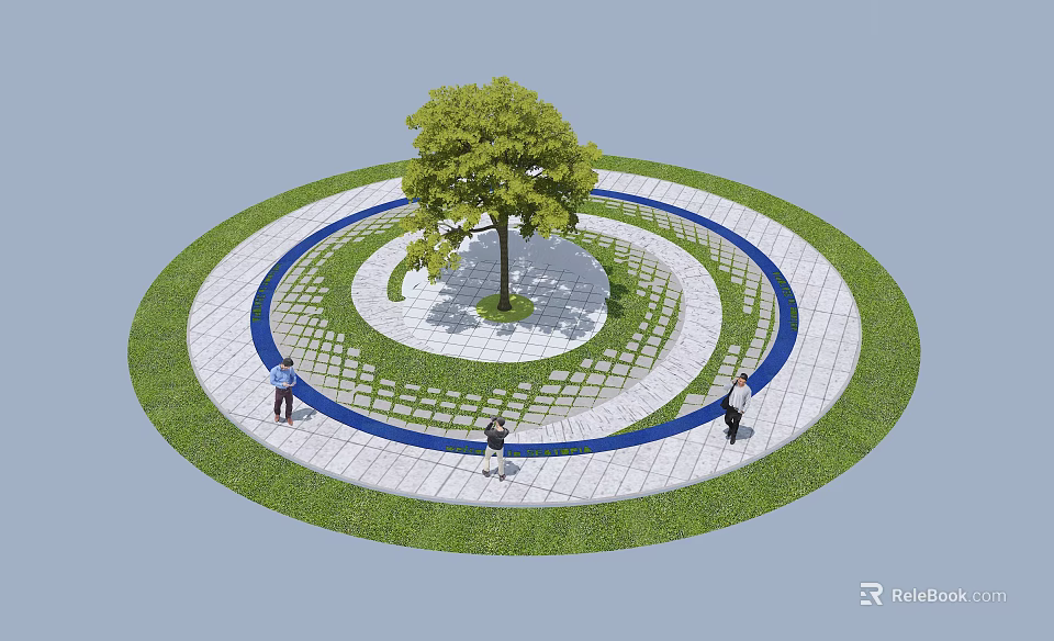 Circular Tree Pit Design With Green Lawn And Paved Paths For People Walking 3d model
