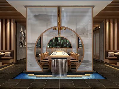 Chinese Style Restaurant Interior With Circular Arch Long Dining Table Water Feature And Wooden Decor 3d model