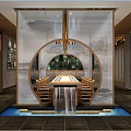 Chinese Style Restaurant Interior With Circular Arch Long Dining Table Water Feature And Wooden Decor