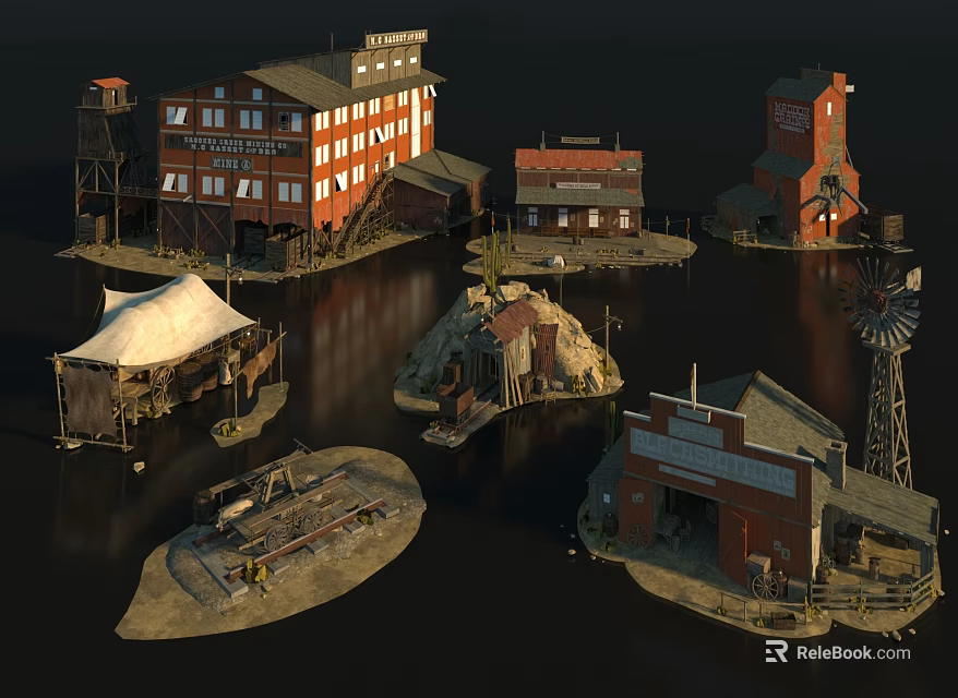 Old Style Industrial Buildings On Water Featuring Multi Story Red Brick Houses Windmill And Cottages 3d model 