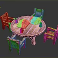 Outdoor Wooden Round Table With Four Chairs Fruit Basket And Wine Glasses