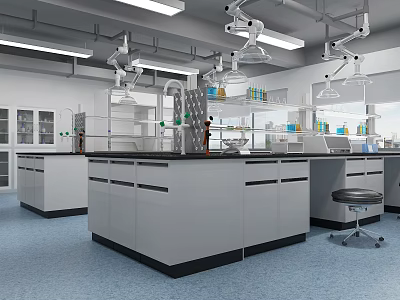 Modern Laboratory Interior Design With Lab Benches Fume Hoods Cabinets And Reagent Bottles 3d model
