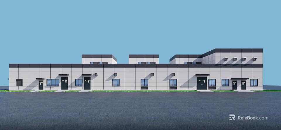 Industrial Factory Exterior Building With Windows Doors And Parking Area 3d model 