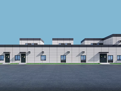 Industrial Factory Exterior Building With Windows Doors And Parking Area 3d model