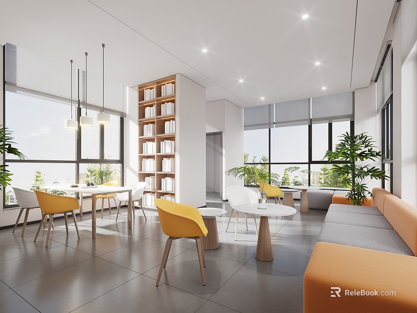 Modern School Student Lounge Interior Design With Bookshelves Yellow Chairs Sofa And Large Windows 3d model 