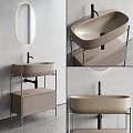 Modern Minimalist Beige Washbasin With Metal Frame Stand Oval Mirror And Storage Cabinet