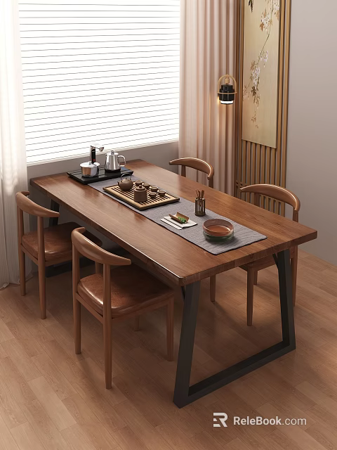 Modern Wooden Coffee Table With Tea Set Tray And Chairs In Living Room 3d model 