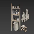 Linen Bathroom Accessories With Wooden Shelf Towels Stool And Glass Jars