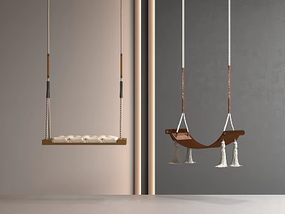 Wooden Hanging Swing Chair With Rope Suspension And Decorative Tassels 3d model