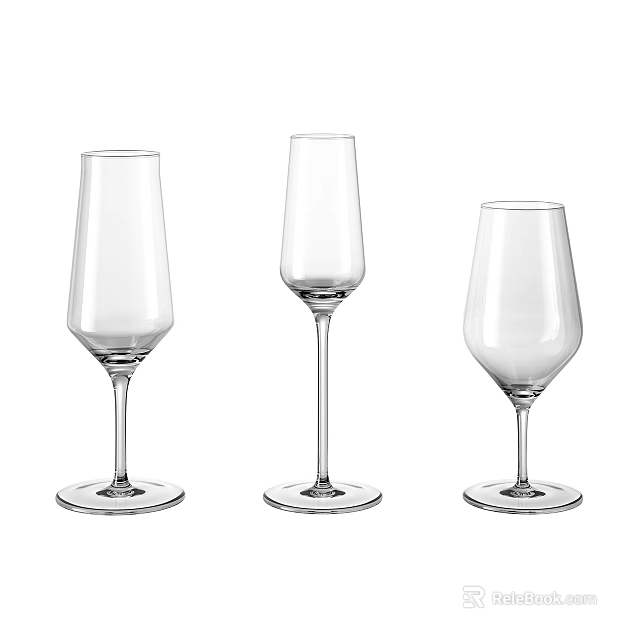 Elegant Transparent Stemmed Wine Glasses Featuring Various Shapes And Sleek Design 3d model 