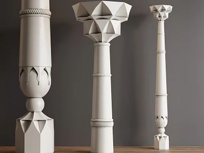 White Decorative Columns With Intricate Carvings And Unique Top Designs 3d model