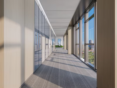 Modern Elevator Hallway With Glass Partitions Wooden Walls Large Windows And Bright City View 3d model