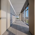 Modern Elevator Hallway With Glass Partitions Wooden Walls Large Windows And Bright City View