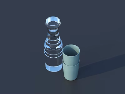 Two Light Green Ceramic Cups With Transparent Glass Bottle On Dark Surface 3d model