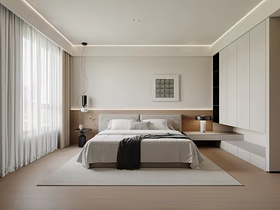 Modern Minimalist Bedroom Interior With Large Window White Curtains Decorative Painting And Built in Cabinets 3d model