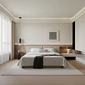 Modern Minimalist Bedroom Interior With Large Window White Curtains Decorative Painting And Built in Cabinets
