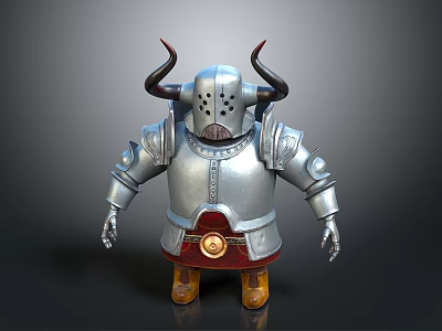 Man In Silver Fantasy Armor With Horned Helmet Red Tunic And Yellow Boots 3d model