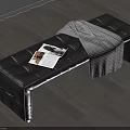 Black Leather Tufted Bench With Magazine And Plaid Blanket On Wooden Floor