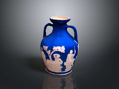 Artistic Blue Vase Featuring Intricate White Sculpted Figures And Floral Carvings 3d model