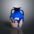 Artistic Blue Vase Featuring Intricate White Sculpted Figures And Floral Carvings