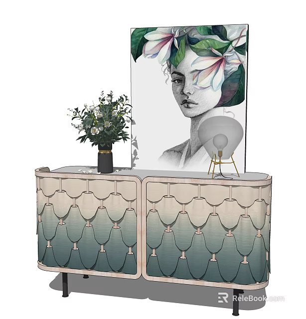 Modern Elegant Entryway Cabinet Sideboard With Scalloped Pattern Flower Vase And Artwork 3d model 