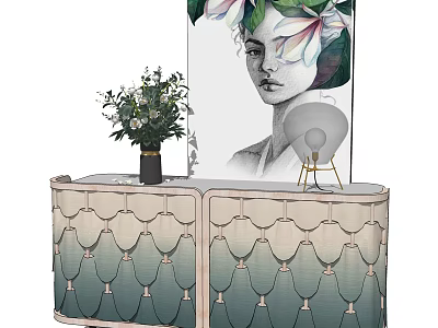 Modern Elegant Entryway Cabinet Sideboard With Scalloped Pattern Flower Vase And Artwork 3d model