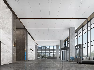 Modern Lobby Reception Desk With Marble Walls Large Windows And Seating Area 3d model