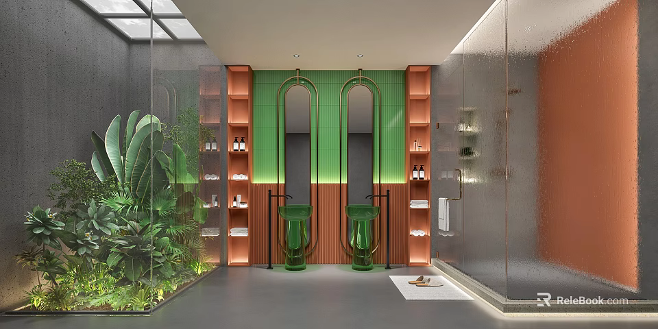 Modern Tropical Bathroom Interior With Double Sinks Mirrors Green Plants And Storage Shelves 3d model 