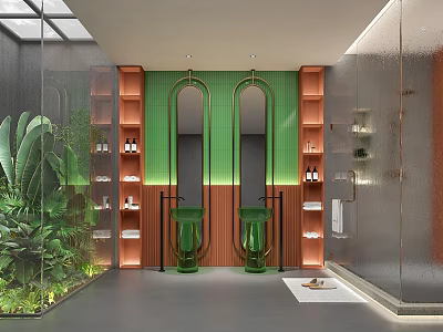 Modern Tropical Bathroom Interior With Double Sinks Mirrors Green Plants And Storage Shelves 3d model