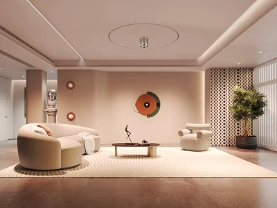 Modern Living And Dining Area Interior With Beige Sofa Circular Wall Art And Green Plant 3d model
