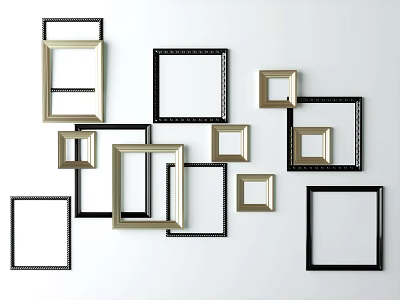 Stylish Assorted Photo Frames In Black And Gold On White Wall 3d model