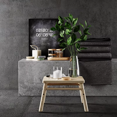 Stylish Bathroom Accessories With Green Plant Towels Candles And Concrete Background 3d model