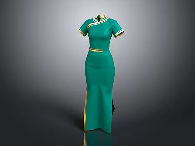 Green Traditional Cheongsam with Gold Trim Collar Cuffs and Waistband Long Elegant Chinese Dress 3d model