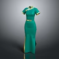 Green Traditional Cheongsam with Gold Trim Collar Cuffs and Waistband Long Elegant Chinese Dress