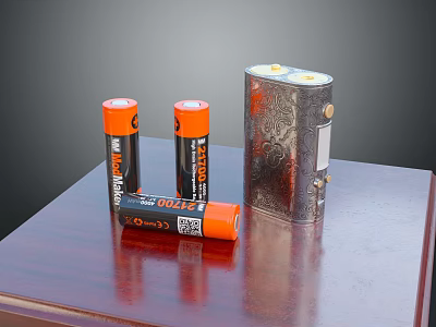 Rechargeable Orange Batteries And Metal Charger With Multiple Slots For Household Use On Wooden Table 3d model