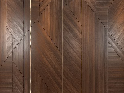 Elegant Modern Wall Paneling With Wooden Herringbone Pattern And Gold Accent Strips 3d model